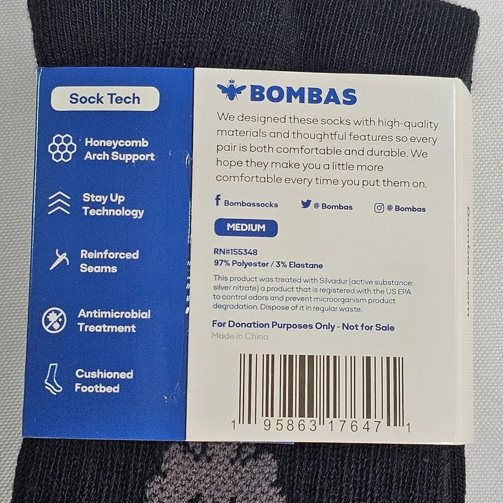 New Bombas Calf Socks Black Grey Stripe Crown Logo Honeycomb Arch Support Medium